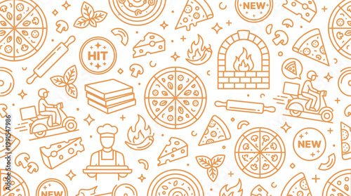 Pizza delivery orange seamless pattern. Vector background included line icons as courier, cheese, hit, motor scooter, knife bake, hot pepper, box outline pictogram for Italian food