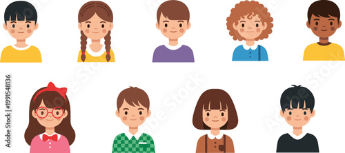Flat vector kids avatars diverse children faces cartoon characters smiling boys girls profile icons colorful modern illustration set collection