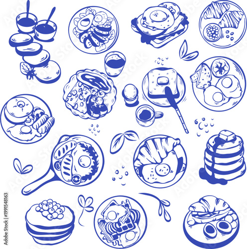 Breakfast Food Plates Collection Blue Monochrome Hand-Drawn Doodle Cafe Menu Set Vector Illustration