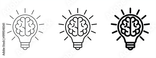 Brain light bulb icon representing creative ideas, innovation, solutions, intelligence, knowledge, and light. Vector illustration