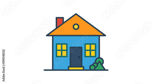 Small blue house with orange roof.