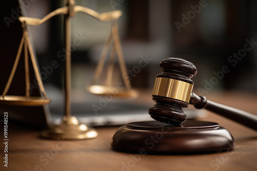 Law, legal, justice, court, attorney, A wooden gavel and justice scale placed on a desk with a laptop in the background, symbolizing law, legal decisions, court judgement, and attorney services