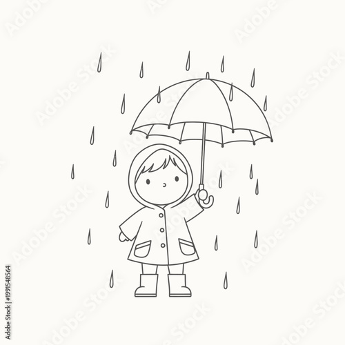 Child playing in rain with umbrella vector illustration