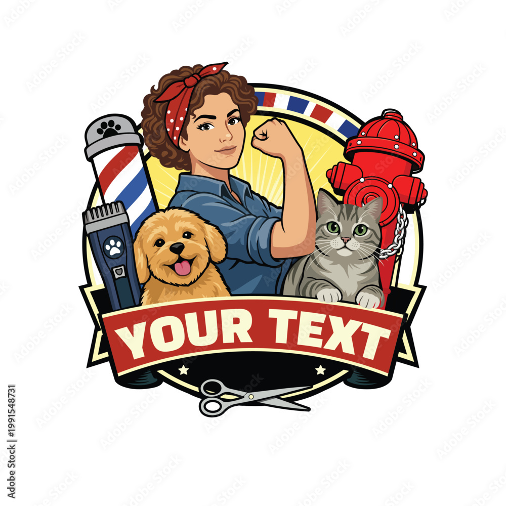 Naklejka premium Rosie the Riveter with dog and cat, customizable emblem