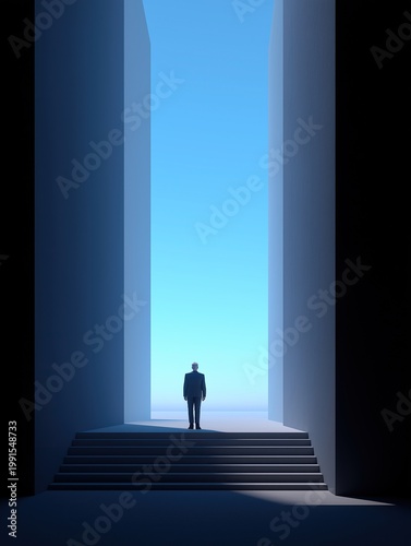 Businessman standing on top of stairs between two tall blue walls facing open sky, symbolizing career achievement and new opportunity for professional growth