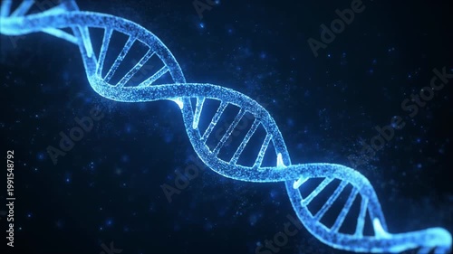 Digital rendering of DNA double helix glowing blue, intertwined spiral chains with base pairs, dark background emphasizing genetics.