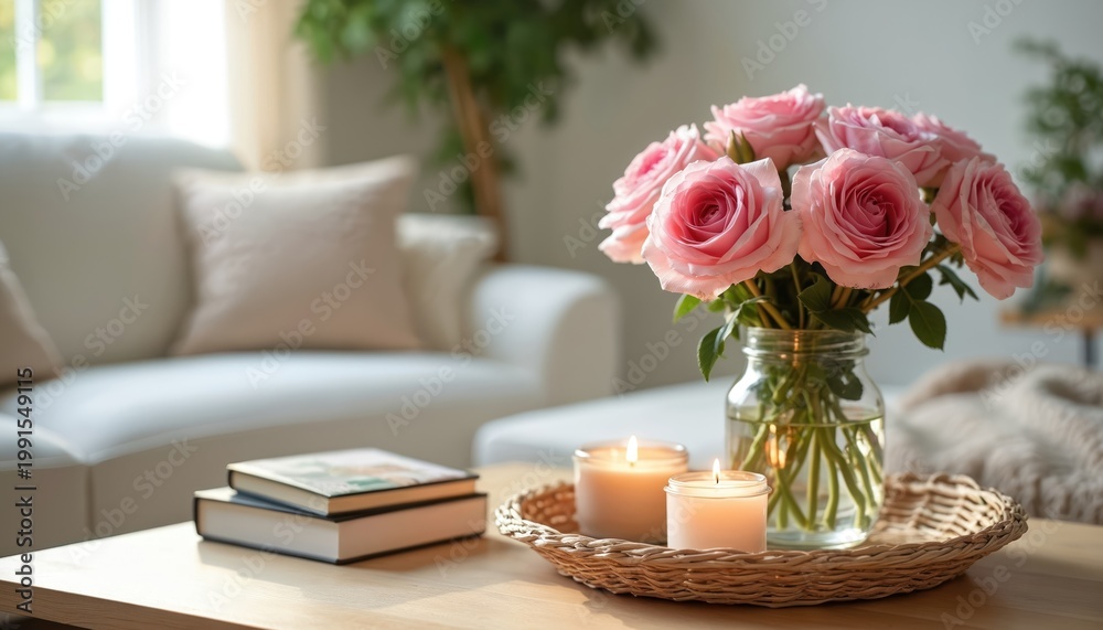 Obraz premium Cozy living room scene with pink roses in vase on wooden table. Two lit candles on basket tray beside stack of books. Soft sofa in background creates calm atmosphere.
