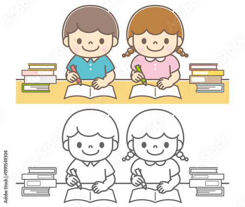 机に向かって本とノートを使用して学習する男の子と女の子のイラスト