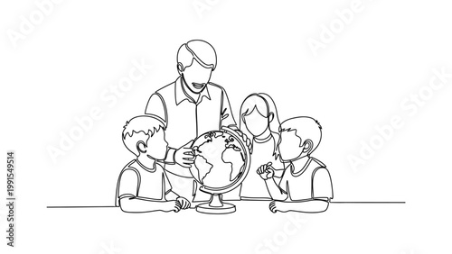 Teacher showing globe to attentive students in classroom setting. Continuous line style. Hand drawn. Line art. Vector design. illustration