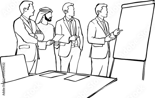 Business Team Presentation with Flipchart Line Art Drawing