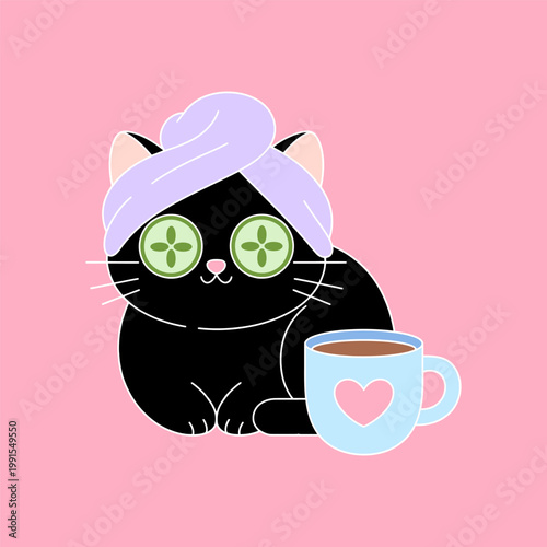 Cute Cat Spa with Cucumber Eyes and Coffee Cartoon Illustration