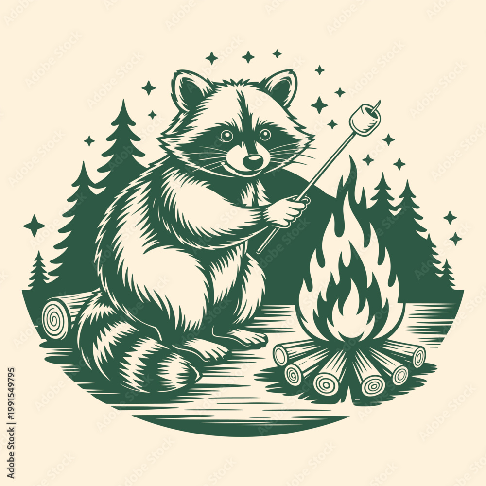 Obraz premium Camping Raccoon Roasting Marshmallow by Campfire Vintage Outdoor Illustration