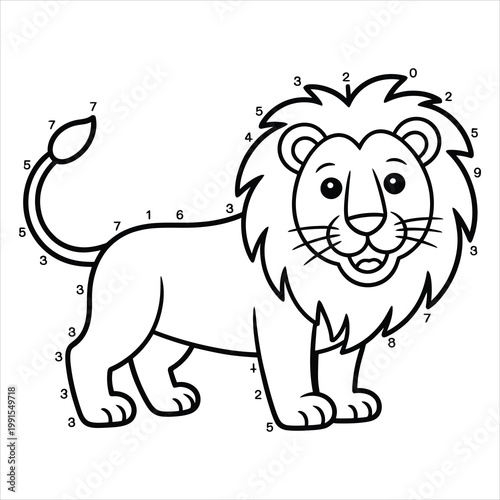 Connect the dots lion activity page for children, black and white line