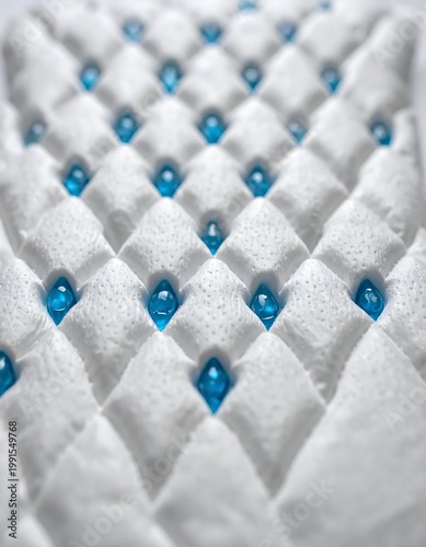 Abstract Macro Shot Of White Quilted Absorbent Material With Blue Liquid Droplets In Geometric Recesses Representing Skincare Or Hygiene Technology