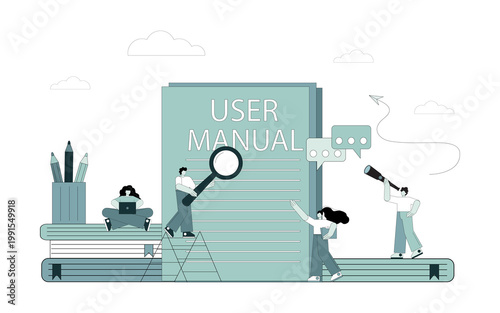 User manual. People studying the instructions. Vector illustration on a white background