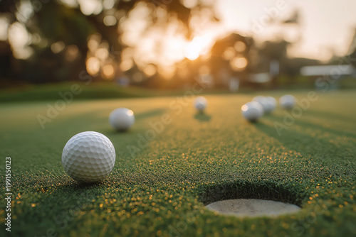 Lifestyle, golf, activity, outdoor, sport, golfer concept. Golf balls that are going to be hole by golfers at the green grass golf course at sunset