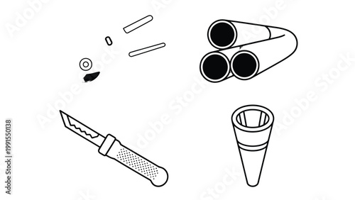 Essential Tools Collection: A curated collection of essential tools, meticulously arranged against a backdrop. Each item, from precision cutting instruments to sturdy pipes.