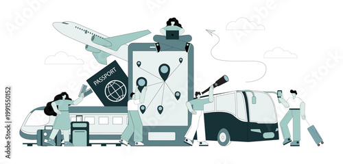 Vector concept of vacation planning with flat people travelers. Travel by various means of transport,  on-line booking of tickets.eps