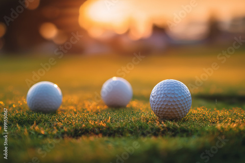Lifestyle, golf, activity, outdoor, sport, golfer concept. Golf balls that are going to be hole by golfers at the green grass golf course at sunset