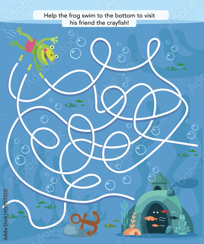 Kids educational vector maze puzzle featuring frog swimming through underwater labyrinth to visit crayfish. Colorful cartoon game perfect for preschool worksheets and children brain teaser activities.