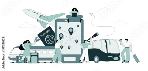 Vector concept of vacation planning with flat people travelers. Travel by various means of transport, on-line booking of tickets