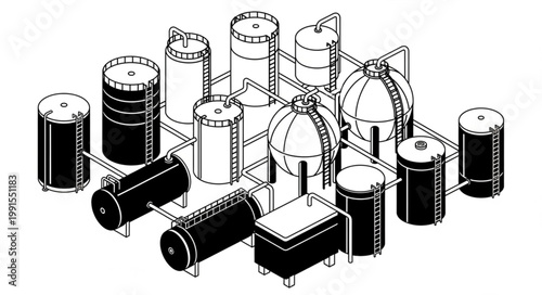 Industrial storage tanks and cylindrical fuel containers.