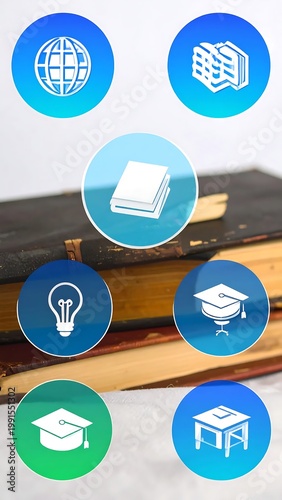 Academic Education Icons And Symbols In Blue Circles Over A Stack Of Old Vintage Books Representing Learning Research And Knowledge Acquisition