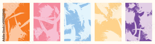 A set of five colorful rectangular images with grunge background design