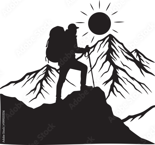 Hiking silhouette, mountain climber icon, adventure travel symbol, black vector graphic