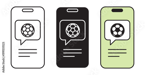 Vector set of soccer ball notification icons on smartphone screen featuring line art with editable stroke, solid glyph, and color fill styles for sport and digital news theme.