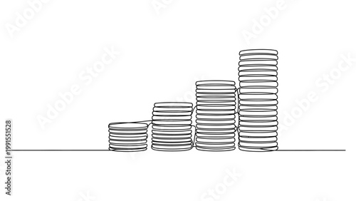 Continuous line drawing of stacked coins representing financial growth and investment.