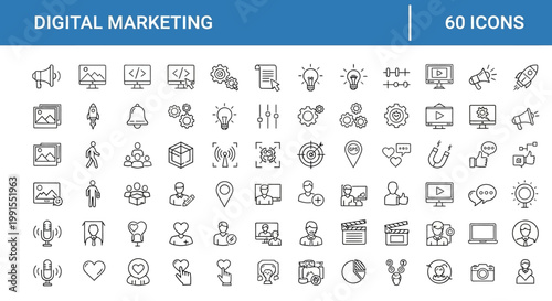 Diverse Digital Marketing Icons Representing Strategy, Growth, and Online Engagement