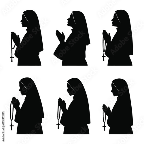A serene nun in various prayerful poses with a rosary