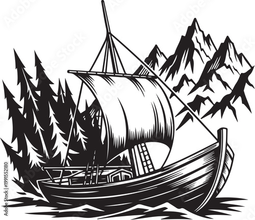 Viking ship, sailing boat, black and white illustration, nautical icon, mountain landscape