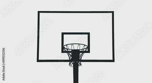Basketball hoop graphic illustration; black and white basketball backboard with net isolated on light gray background in digital art