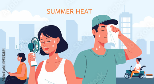 People experiencing Summer Heat in a city with fans and sweating
