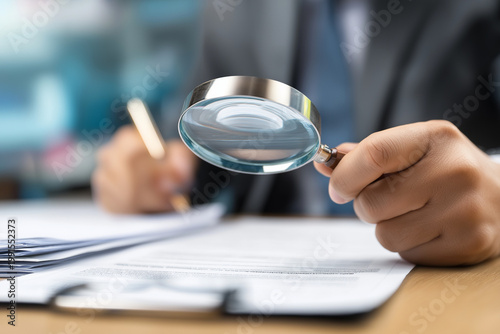A business professional using a magnifying glass to review and verify documents on a desk, symbolizing audit, compliance, data verification, and quality assurance