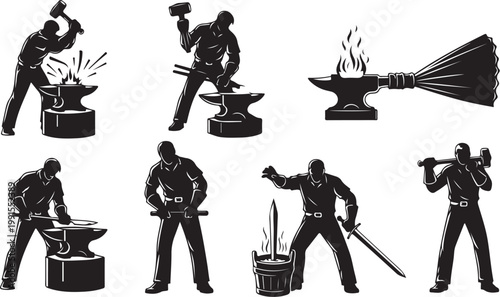 Blacksmith silhouettes, metalworking icons, industrial vector graphics, laborer illustrations