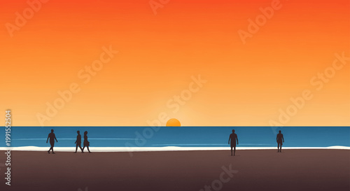 People walking on beach at sunset with orange sky and ocean waves