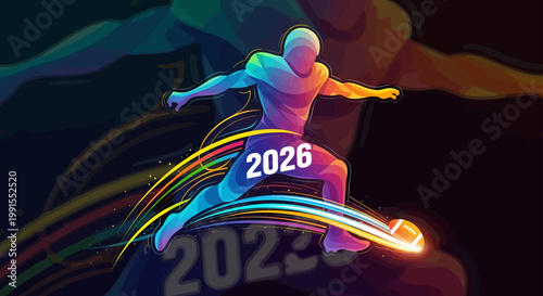 Man surfing on a wave with colorful lines moving fast in the dark