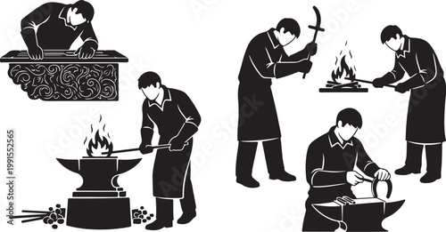 Blacksmiths at work, black and white, vector illustrations, industrial labor, metalwork