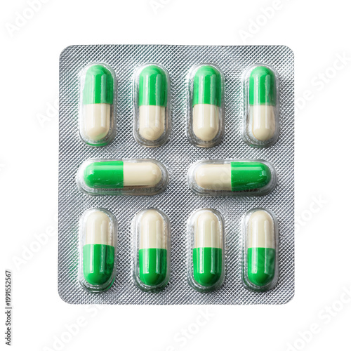 Professional Pills in Blister Pack: Isolated Green and White Capsules Usage