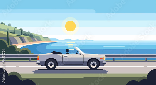 A silver convertible car drives along a coastal road with a sunny ocean view.