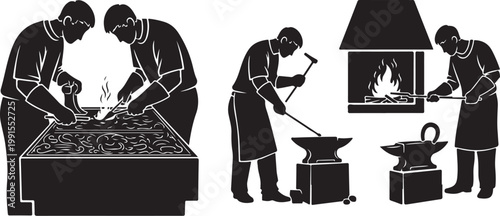 Blacksmiths working, medieval craftsmen, industrial workers, metalworking illustrations