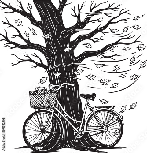 Black and white bicycle, tree, autumn leaves, vector illustration, bike with basket