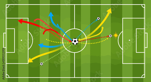 Soccer players move strategically on green field with arrows