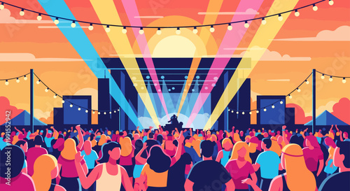 A vibrant music festival crowd enjoys live performance at outdoor venue during sunset