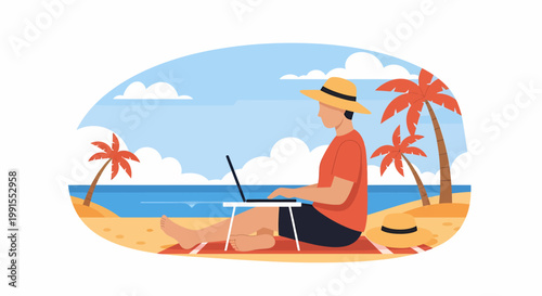 Man works on laptop at beach with palm trees and ocean view
