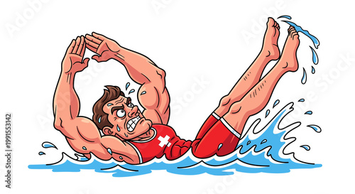 Cartoon illustration of a male swimmer doing backstroke in water.