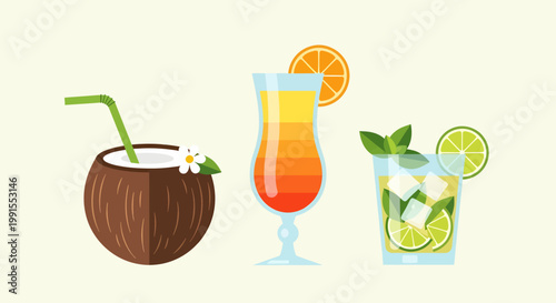 Three colorful summer cocktails on a table with fresh fruits